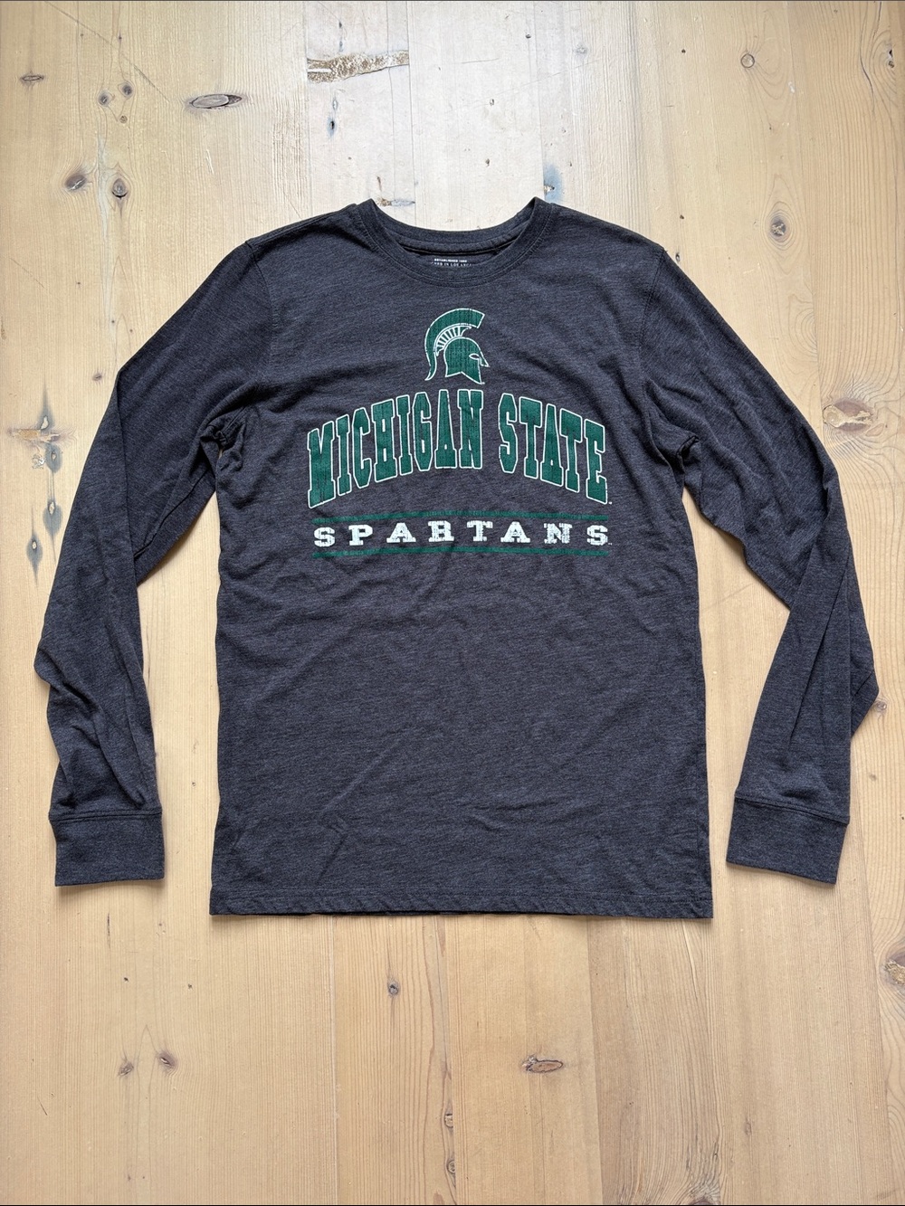 Michigan State University Spartans Long-Sleeve Tee Dark Gray with Green Logo - S